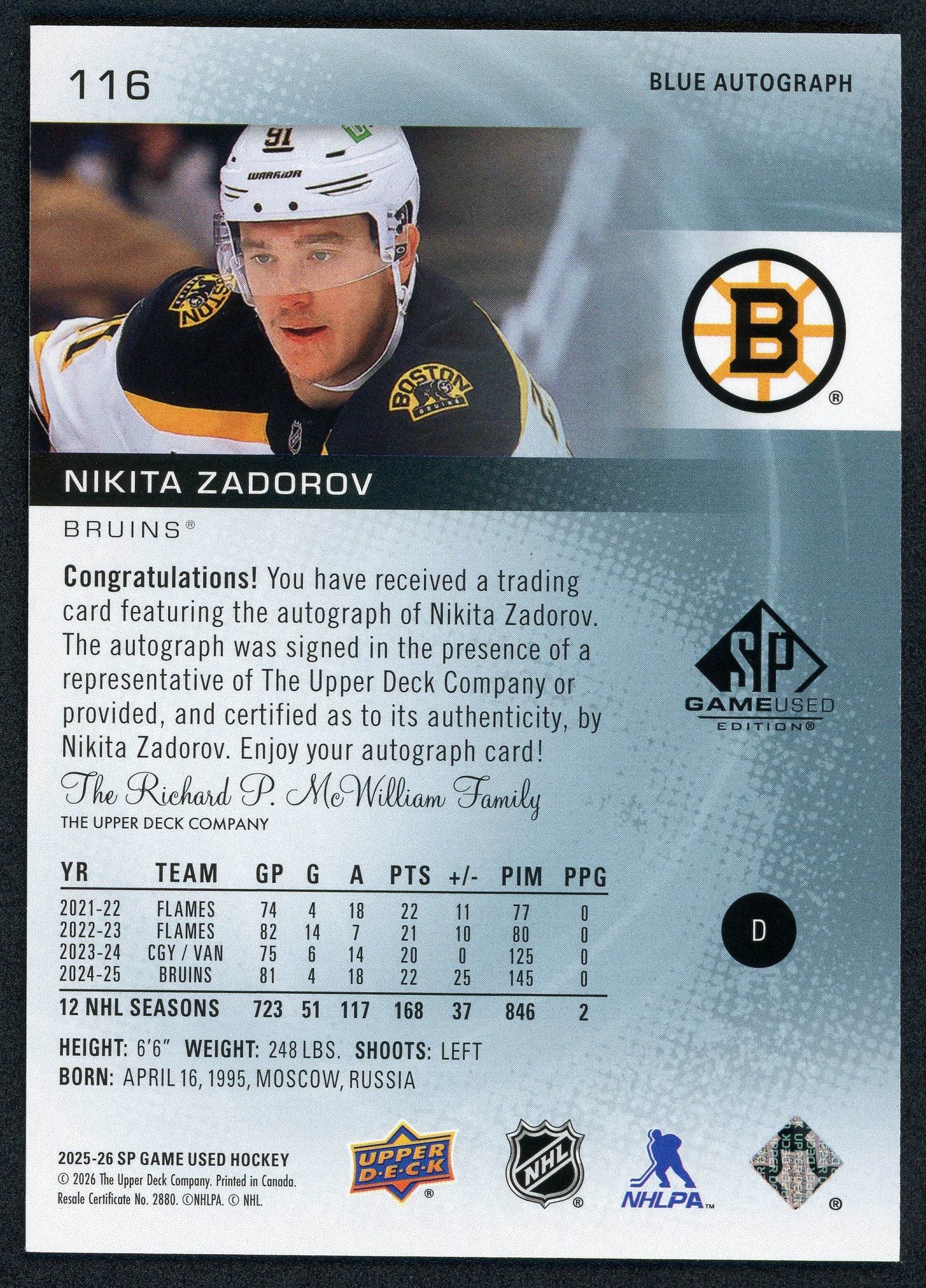 Nikita Zadorov Blue Jersey Autographs