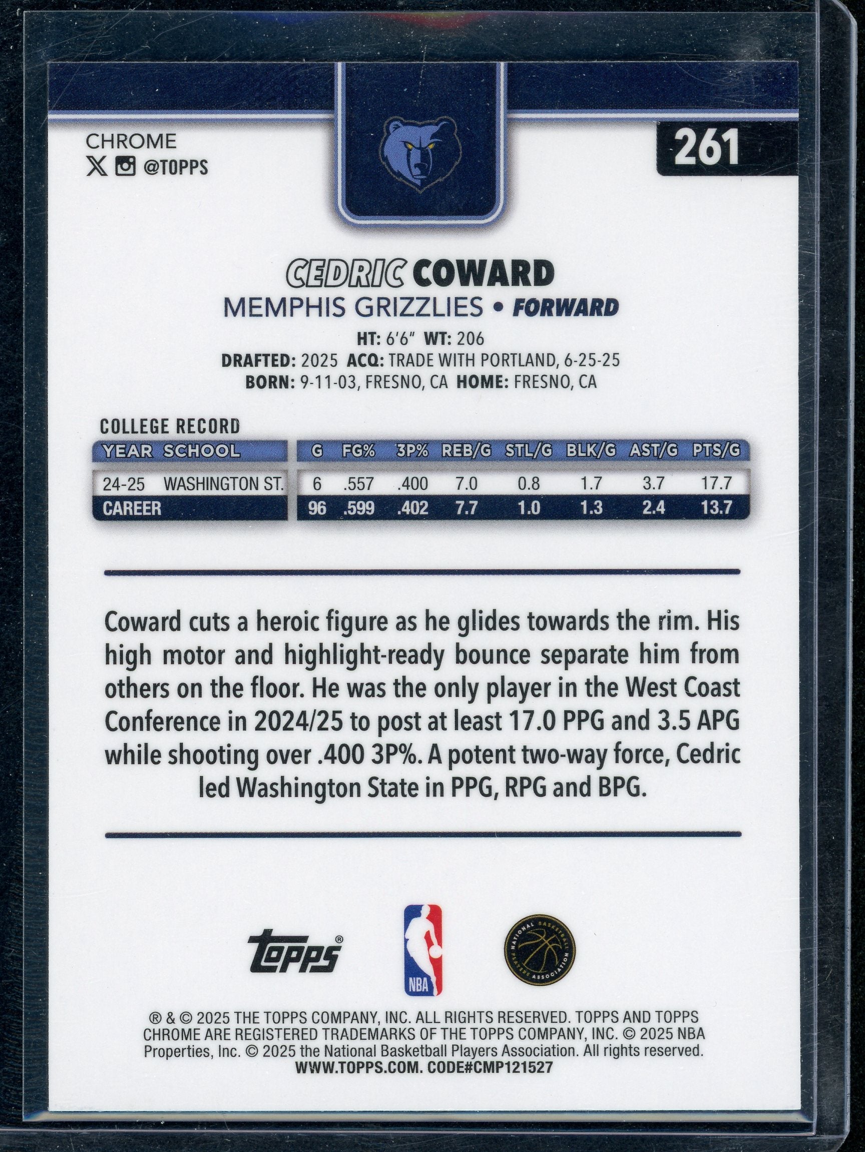 Cedric Coward [X-Fractor] #261 - Basketball Cards Topps Chrome