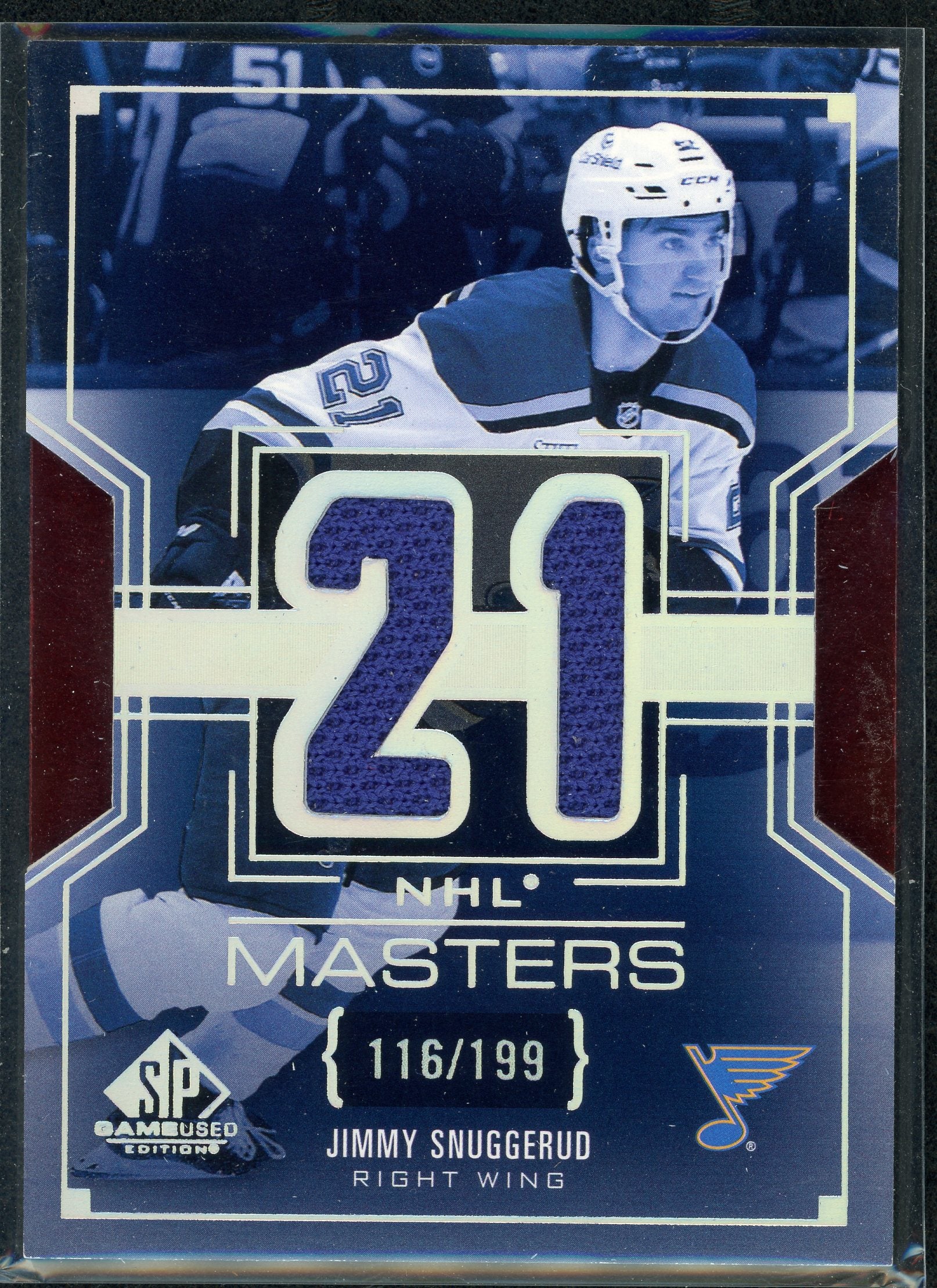 Jimmy Snuggerud [Rookie Jersey] #NM-72 - Hockey Cards SP Game Used NHL Masters