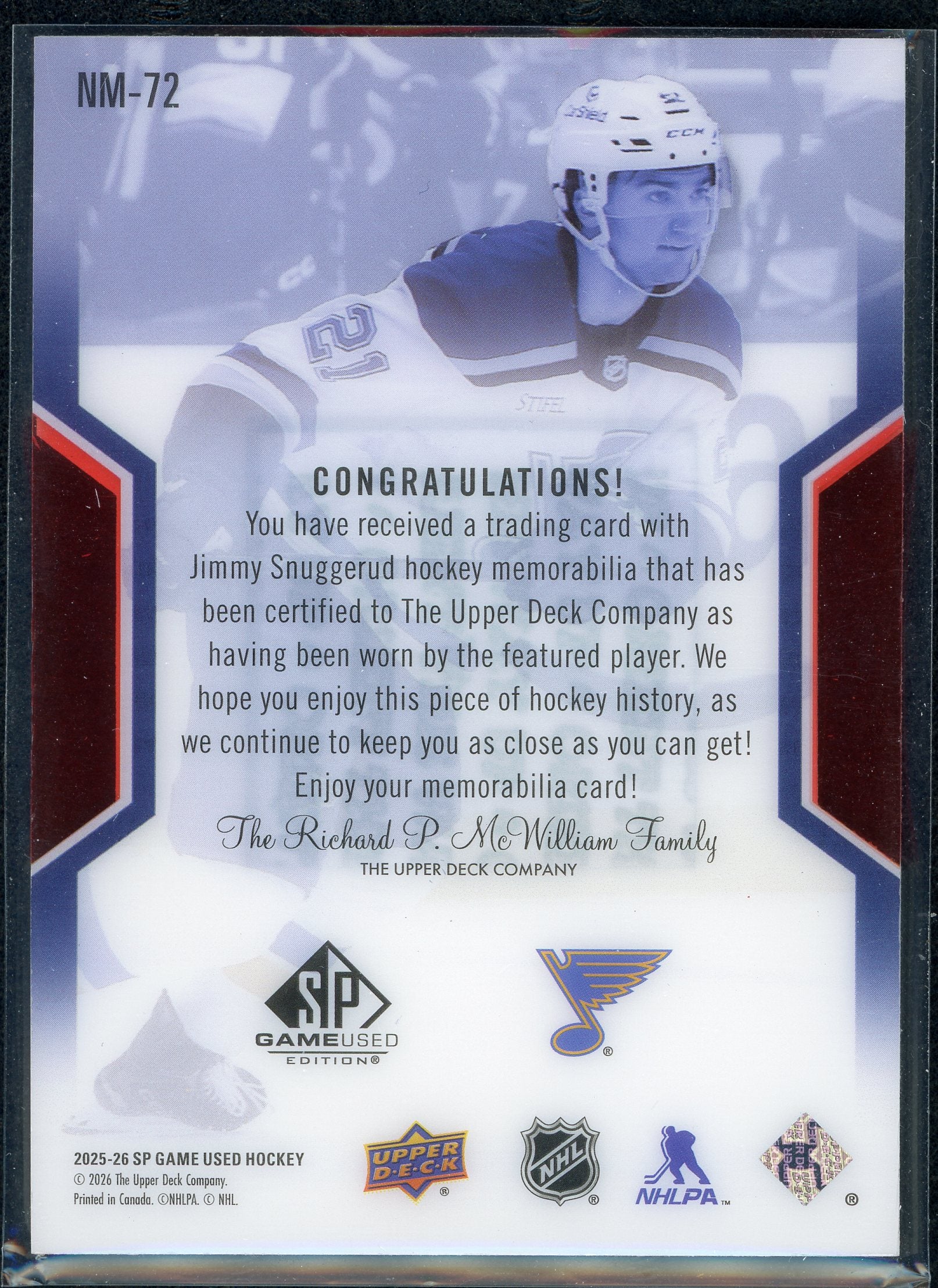 Jimmy Snuggerud [Rookie Jersey] #NM-72 - Hockey Cards SP Game Used NHL Masters