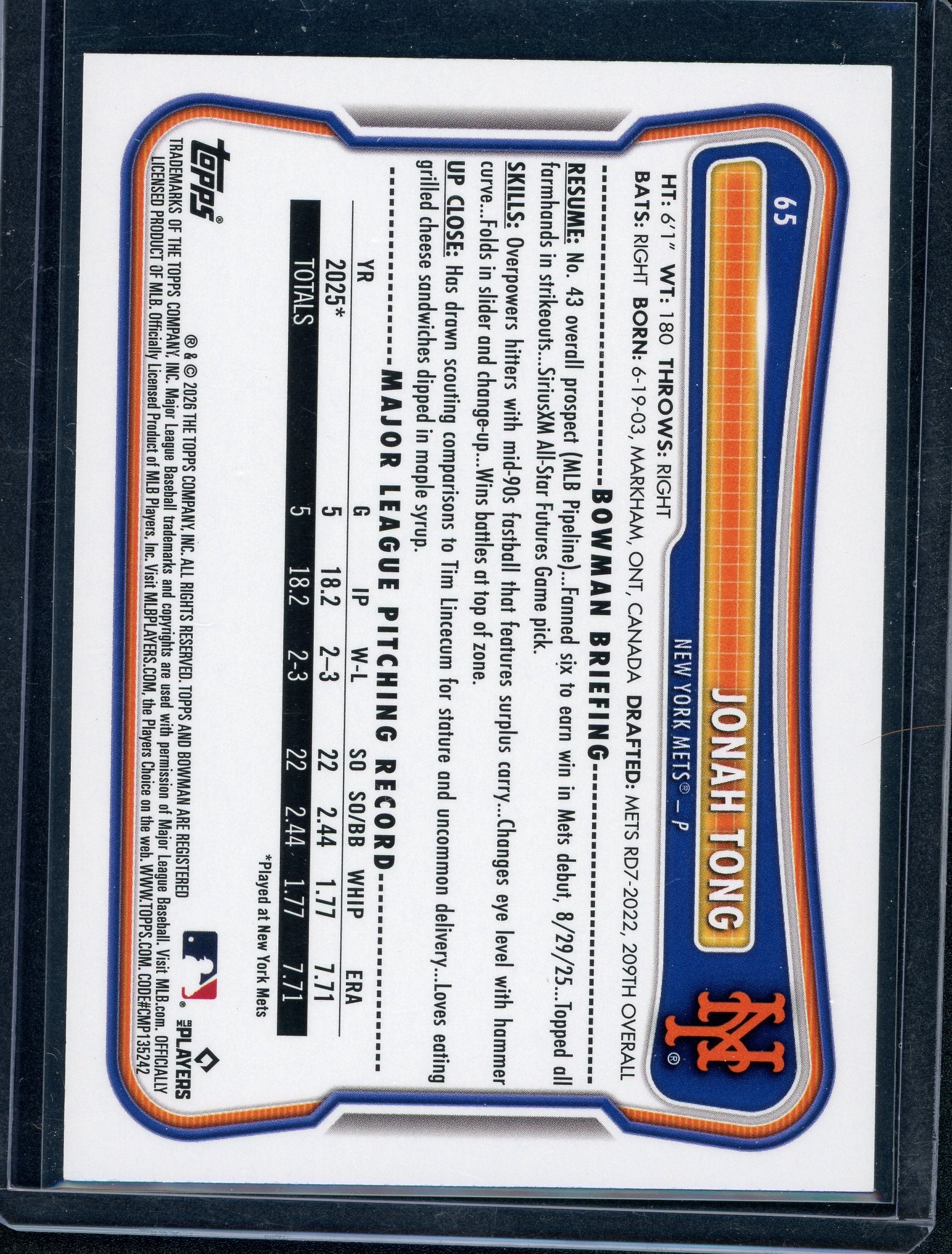 Jonah Tong [Purple Boarder] #65 Bowman Paper Prospects