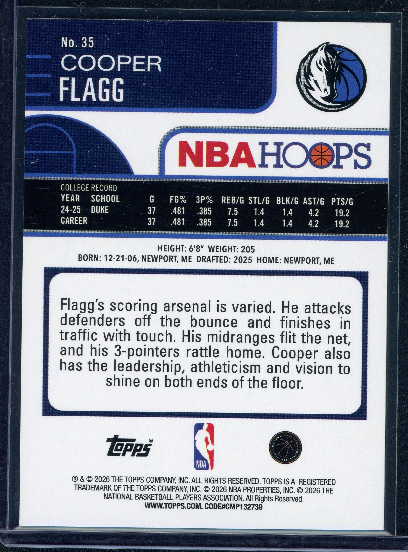 Cooper Flagg #35 Topps NBA Hoops Rookie